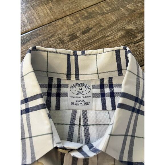 Brooks Brother Men's Cream Blue Plaid Print Slim Fit Button Down Shirt Size M - Picture 2 of 4